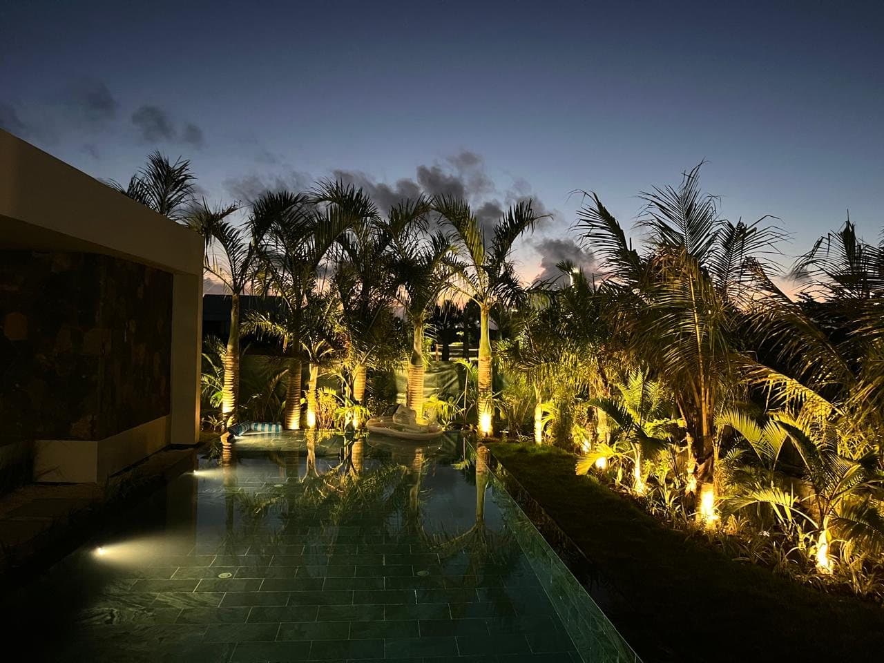 The villa pool at night under the palm trees